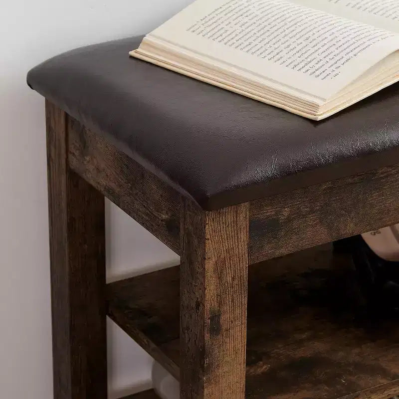Debby Wood Faux Leather Upholstered Shoe Rack Bench
