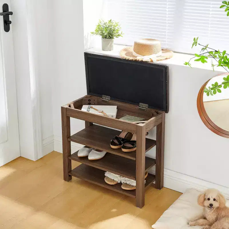 Debby Wood Faux Leather Upholstered Shoe Rack Bench