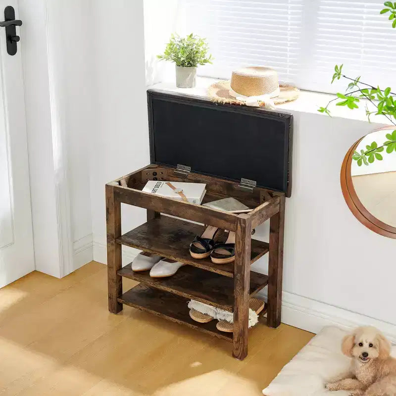 Debby Wood Faux Leather Upholstered Shoe Rack Bench