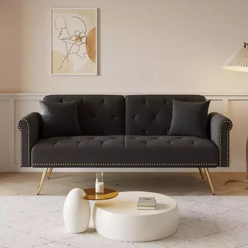 MAYEERTY Black Velvet Fabric Sofa Featuring Nail Head Trim and Accompanied By A Matching Throw Pillow