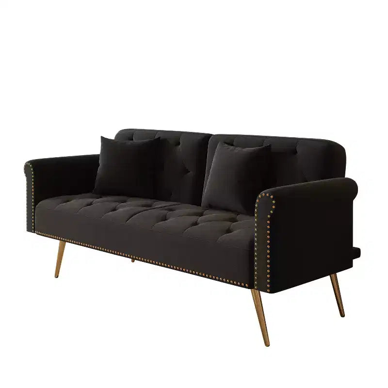 Black Velvet Fabric Sofa Featuring Nail Head Trim and Accompanied By A Matching Throw Pillow