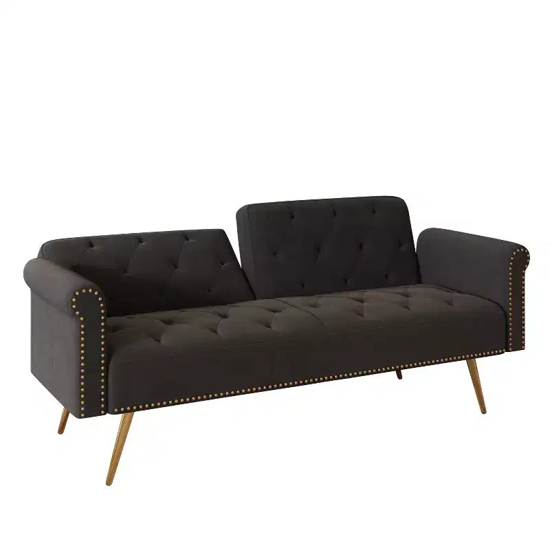 Black Velvet Fabric Sofa Featuring Nail Head Trim and Accompanied By A Matching Throw Pillow