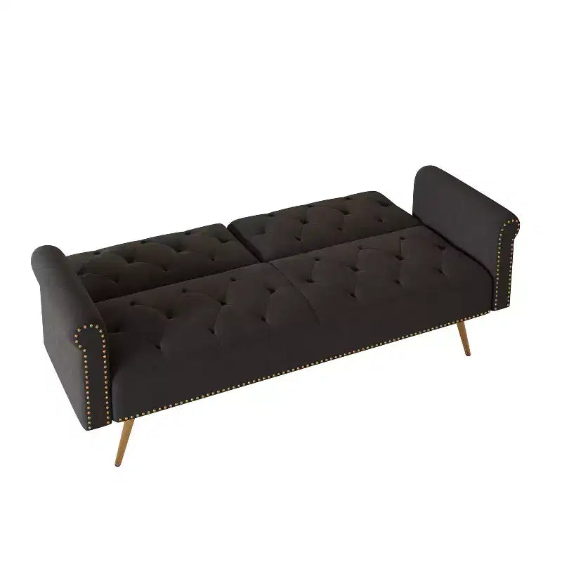 Black Velvet Fabric Sofa Featuring Nail Head Trim and Accompanied By A Matching Throw Pillow