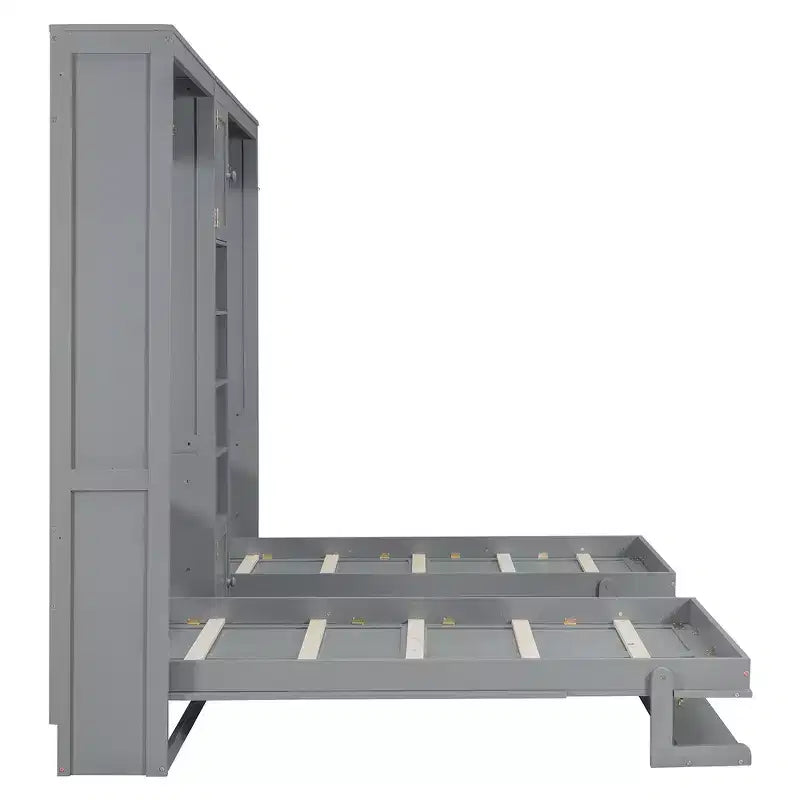 Dual Twin Size Murphy Bed with Convertible Shelf-Legs and Central Storage Unit
