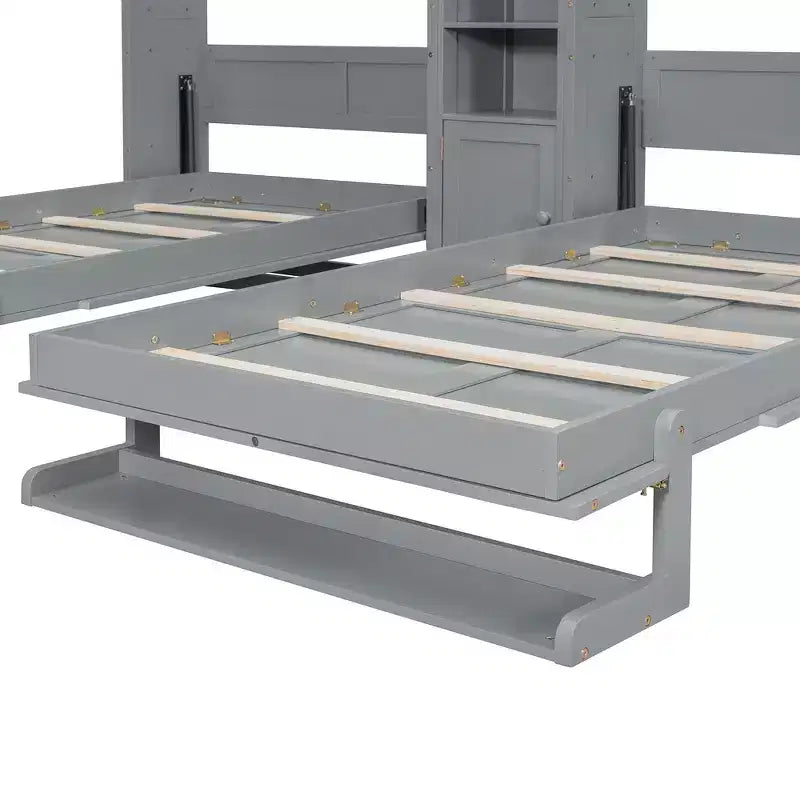 Dual Twin Size Murphy Bed with Convertible Shelf-Legs and Central Storage Unit