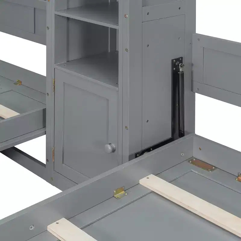 Dual Twin Size Murphy Bed with Convertible Shelf-Legs and Central Storage Unit