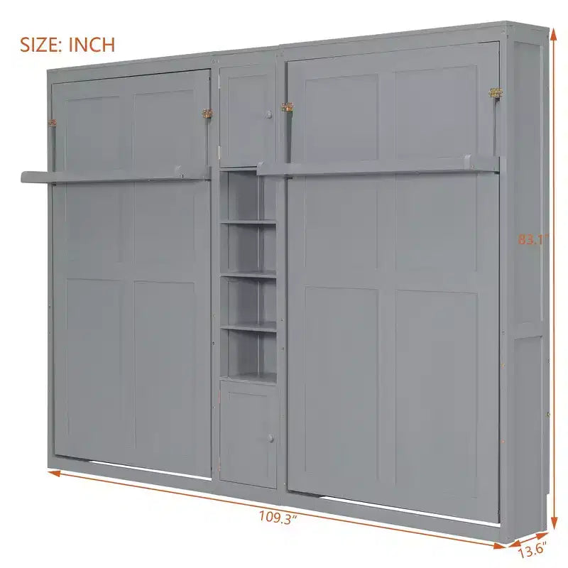 Dual Twin Size Murphy Bed with Convertible Shelf-Legs and Central Storage Unit