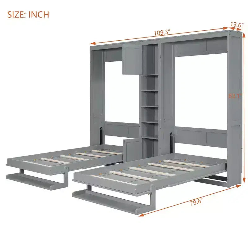 Dual Twin Size Murphy Bed with Convertible Shelf-Legs and Central Storage Unit