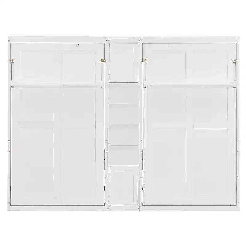 Dual Twin Size Murphy Bed with Convertible Shelf-Legs and Central Storage Unit