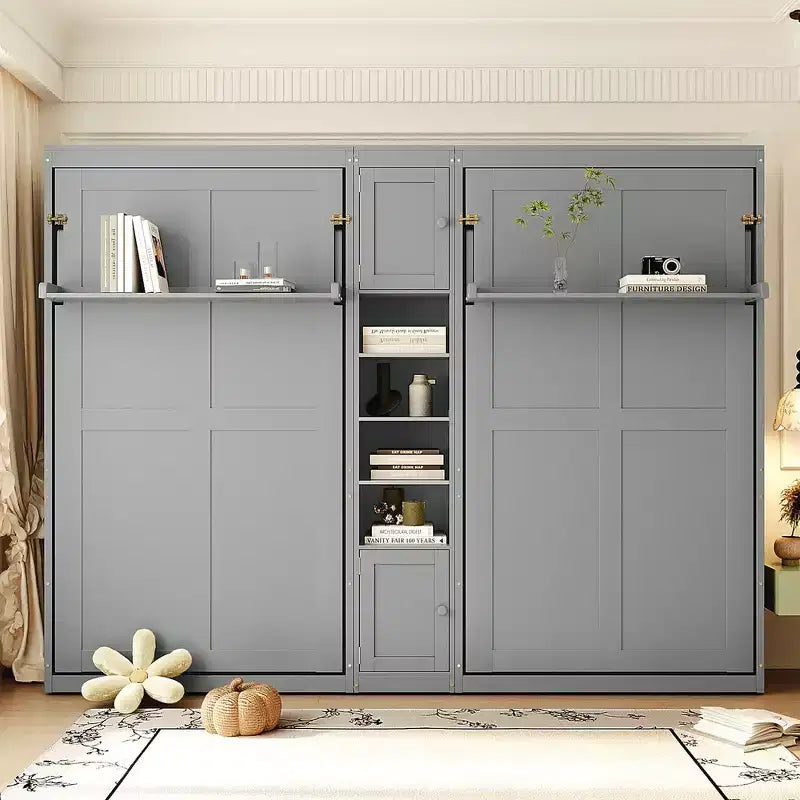 Dual Twin Size Murphy Bed with Convertible Shelf-Legs and Central Storage Unit