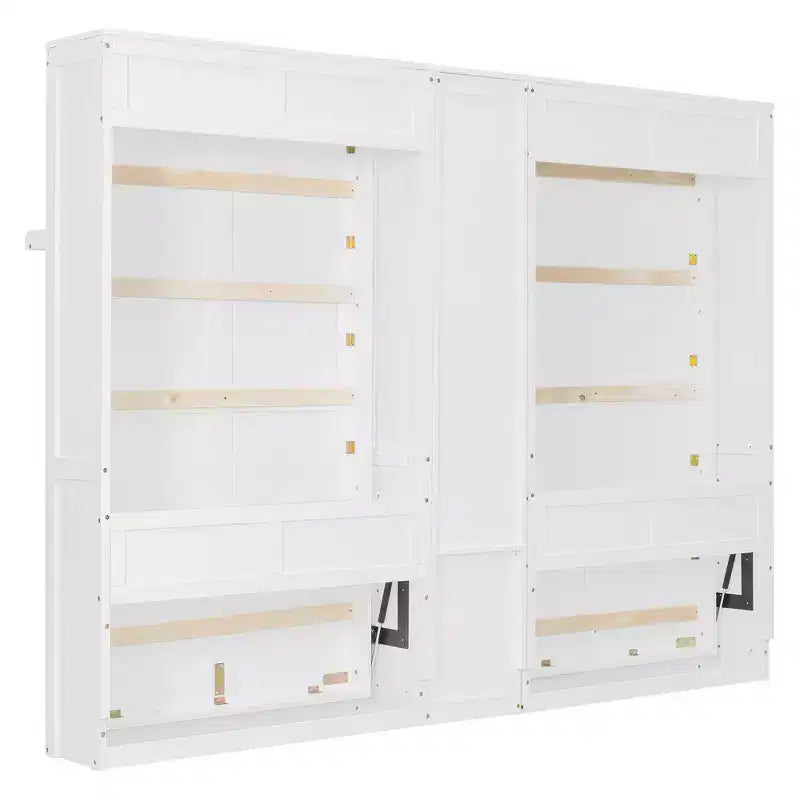 Dual Twin Size Murphy Bed with Convertible Shelf-Legs and Central Storage Unit