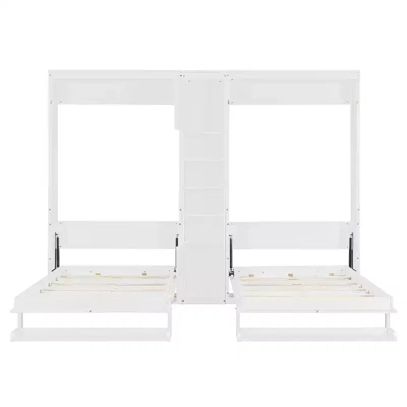 Dual Twin Size Murphy Bed with Convertible Shelf-Legs and Central Storage Unit