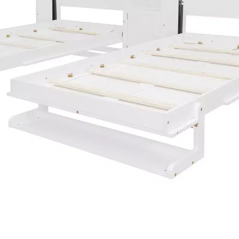 Dual Twin Size Murphy Bed with Convertible Shelf-Legs and Central Storage Unit