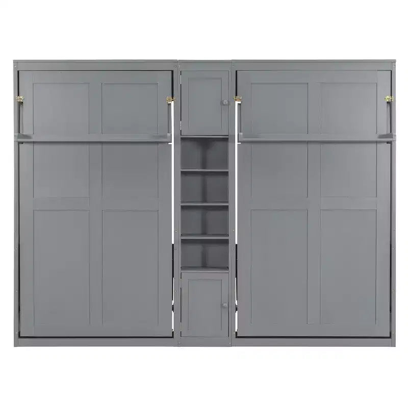Dual Twin Size Murphy Bed with Convertible Shelf-Legs and Central Storage Unit