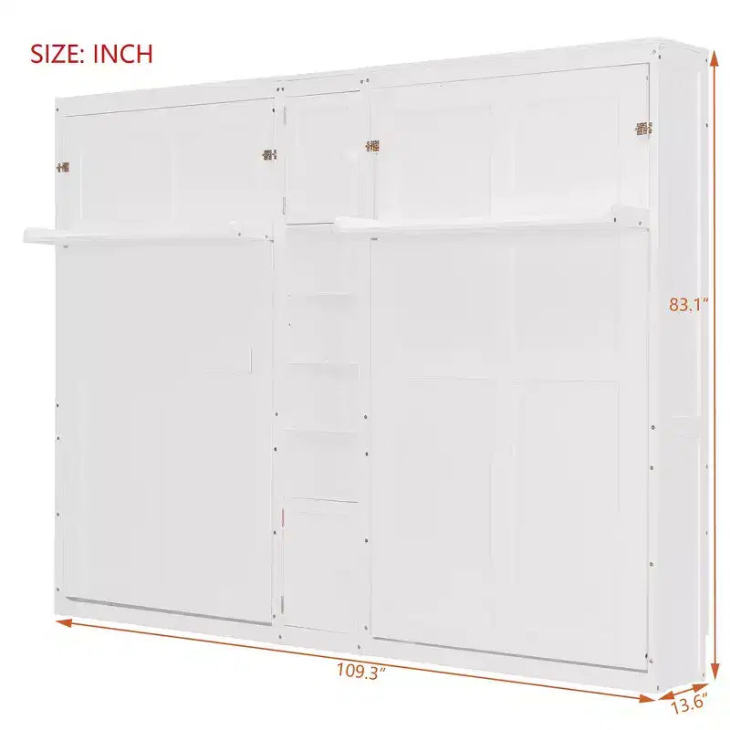 Dual Twin Size Murphy Bed with Convertible Shelf-Legs and Central Storage Unit