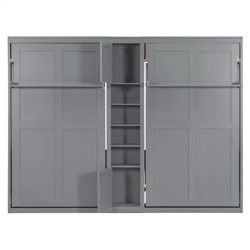 Dual Twin Size Murphy Bed with Convertible Shelf-Legs and Central Storage Unit