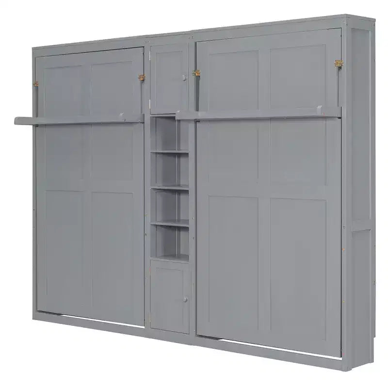 Dual Twin Size Murphy Bed with Convertible Shelf-Legs and Central Storage Unit