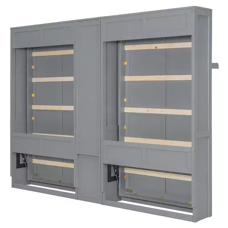 Dual Twin Size Murphy Bed with Convertible Shelf-Legs and Central Storage Unit