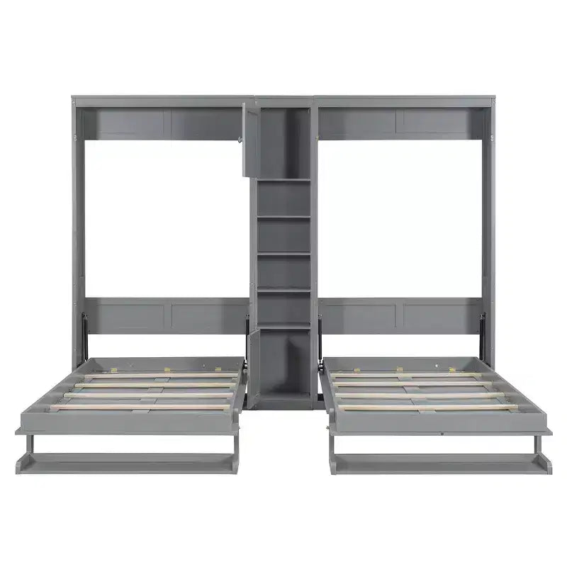 Dual Twin Size Murphy Bed with Convertible Shelf-Legs and Central Storage Unit