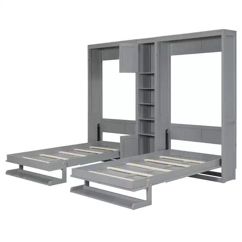 Dual Twin Size Murphy Bed with Convertible Shelf-Legs and Central Storage Unit