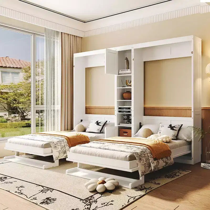 Dual Twin Size Murphy Bed with Convertible Shelf-Legs and Central Storage Unit
