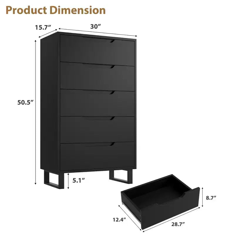 5 Dresser for Bedroom, 47 Tall Dresser, Vertical Drawer Dresser with Storage Freestanding, Wooden Closet Dresser for Living Room, Entryway, White