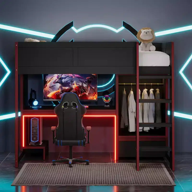 Twin/Full Size Gaming Loft Bed with Built-in Desk, Wardrobe, LED and a Drawer, Pine Wood Bed Frame, Black