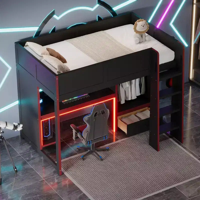 Twin/Full Size Gaming Loft Bed with Built-in Desk, Wardrobe, LED and a Drawer, Pine Wood Bed Frame, Black