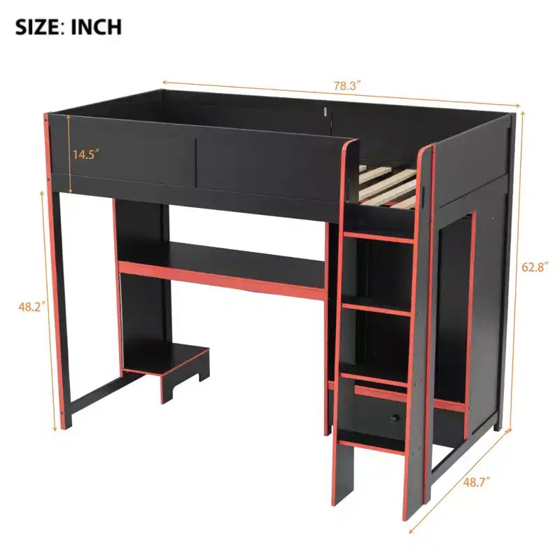 Twin/Full Size Gaming Loft Bed with Built-in Desk, Wardrobe, LED and a Drawer, Pine Wood Bed Frame, Black