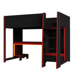 Lit mezzanine gaming pour lit jumeau/double avec bureau intégré, armoire, éclairage LED et un tiroir, cadre de lit en bois de pin, noir