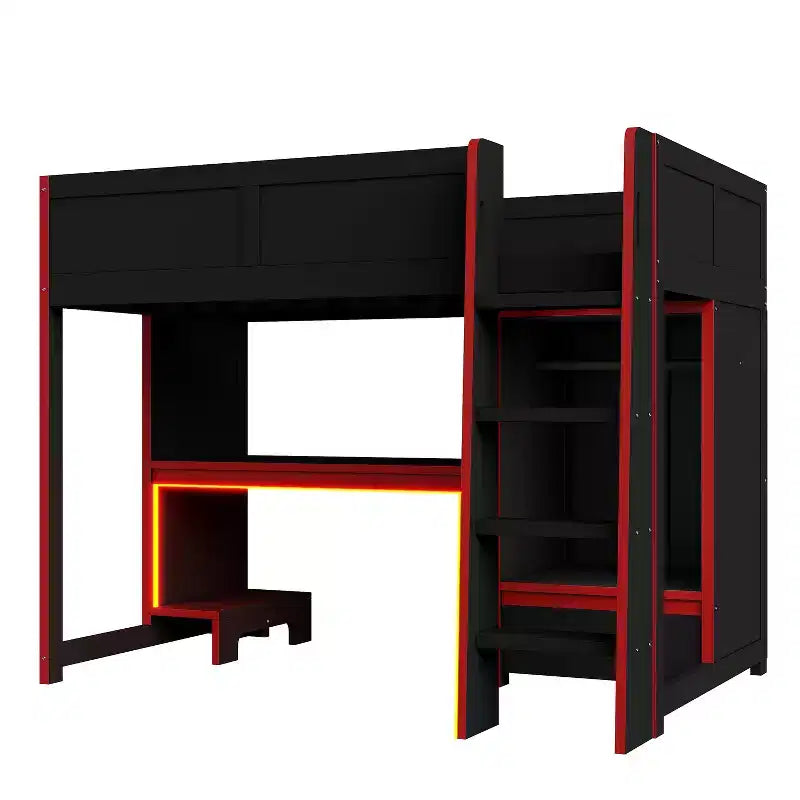 Twin/Full Size Gaming Loft Bed with Built-in Desk, Wardrobe, LED and a Drawer, Pine Wood Bed Frame, Black