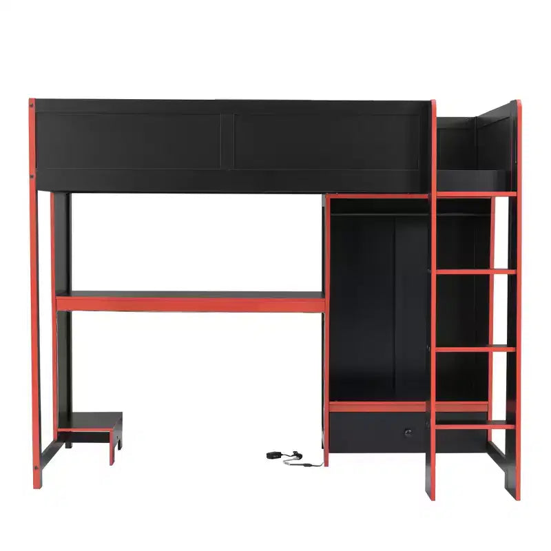 Twin/Full Size Gaming Loft Bed with Built-in Desk, Wardrobe, LED and a Drawer, Pine Wood Bed Frame, Black