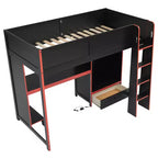 Lit mezzanine gaming pour lit jumeau/double avec bureau intégré, armoire, éclairage LED et un tiroir, cadre de lit en bois de pin, noir