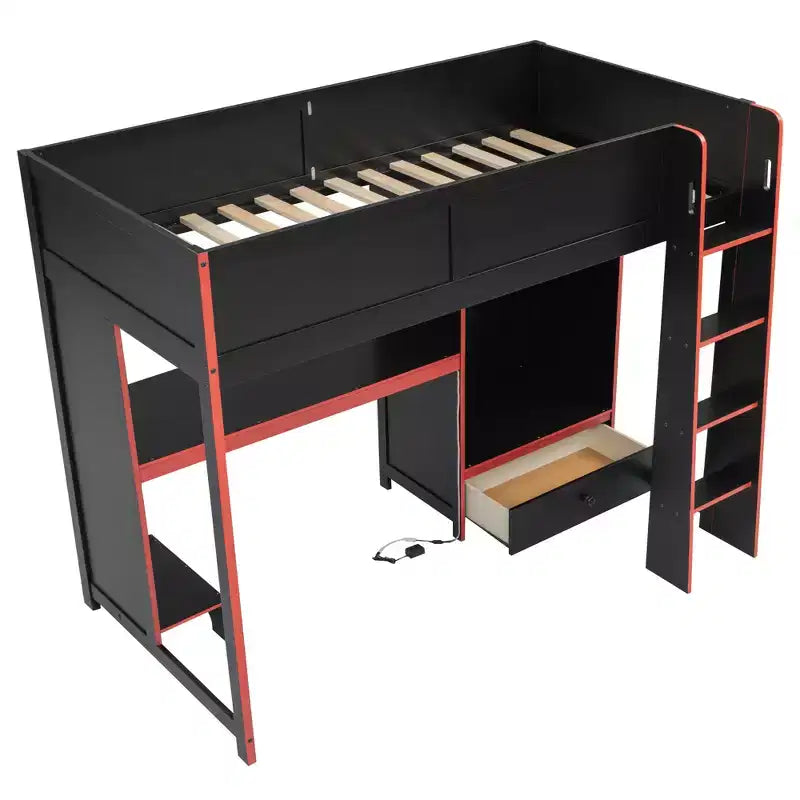 Twin/Full Size Gaming Loft Bed with Built-in Desk, Wardrobe, LED and a Drawer, Pine Wood Bed Frame, Black