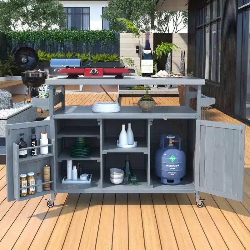 Outdoor Kitchen Island, Rolling Bar Cart & Storage Cabinet, Farmhouse Outdoor Grill Table with Stainless Steel Top, Towel Rack