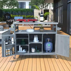Îlot de cuisine extérieure, chariot de bar roulant et meuble de rangement, table de grillade extérieure style ferme avec plateau en acier inoxydable, porte-serviettes