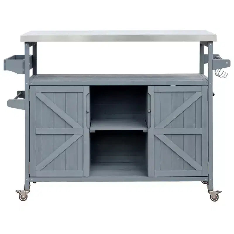 Outdoor Kitchen Island, Rolling Bar Cart & Storage Cabinet, Farmhouse Outdoor Grill Table with Stainless Steel Top, Towel Rack