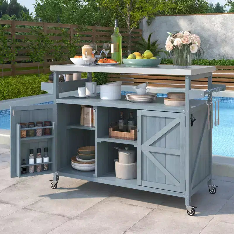 Outdoor Kitchen Island, Rolling Bar Cart & Storage Cabinet, Farmhouse Outdoor Grill Table with Stainless Steel Top, Towel Rack