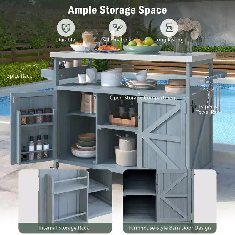 Outdoor Kitchen Island, Rolling Bar Cart & Storage Cabinet, Farmhouse Outdoor Grill Table with Stainless Steel Top, Towel Rack