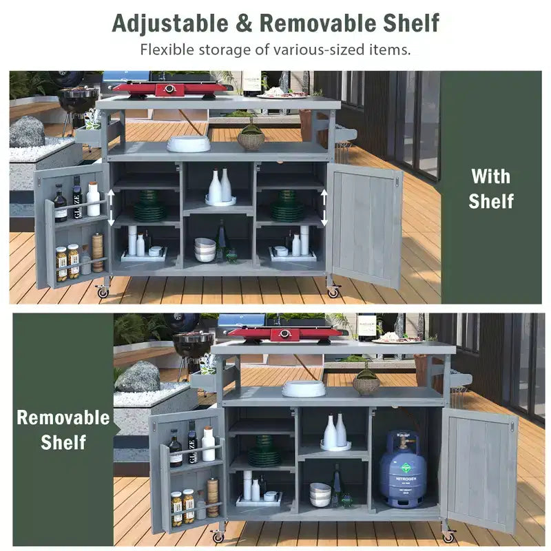 Outdoor Kitchen Island, Rolling Bar Cart & Storage Cabinet, Farmhouse Outdoor Grill Table with Stainless Steel Top, Towel Rack