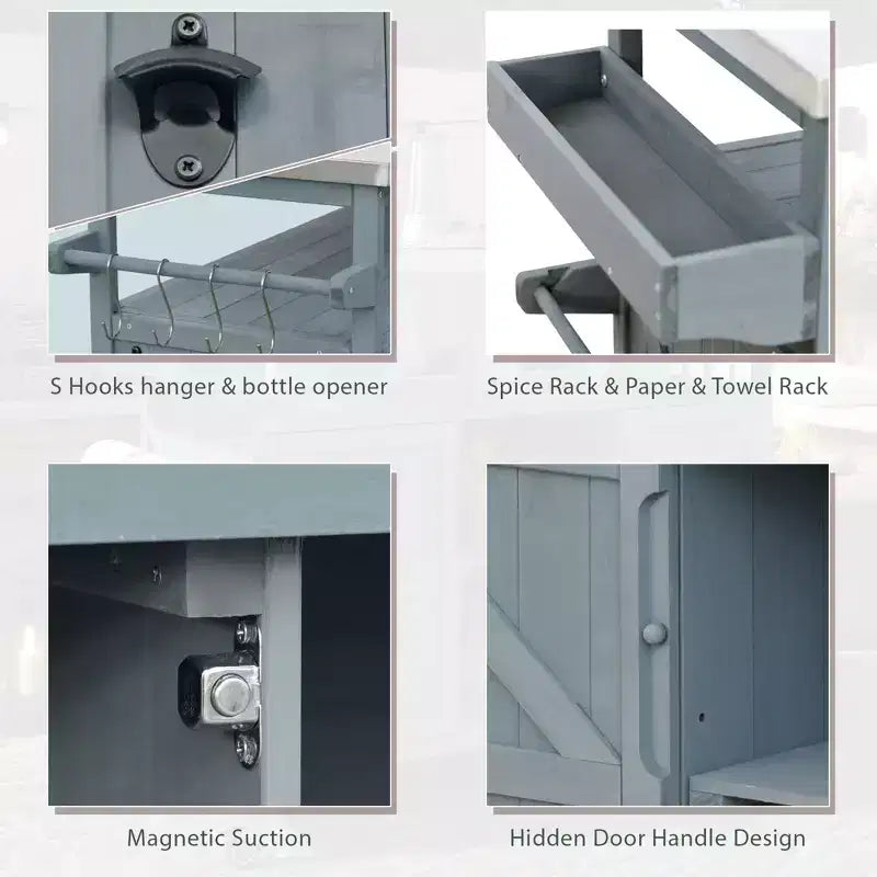Outdoor Kitchen Island, Rolling Bar Cart & Storage Cabinet, Farmhouse Outdoor Grill Table with Stainless Steel Top, Towel Rack
