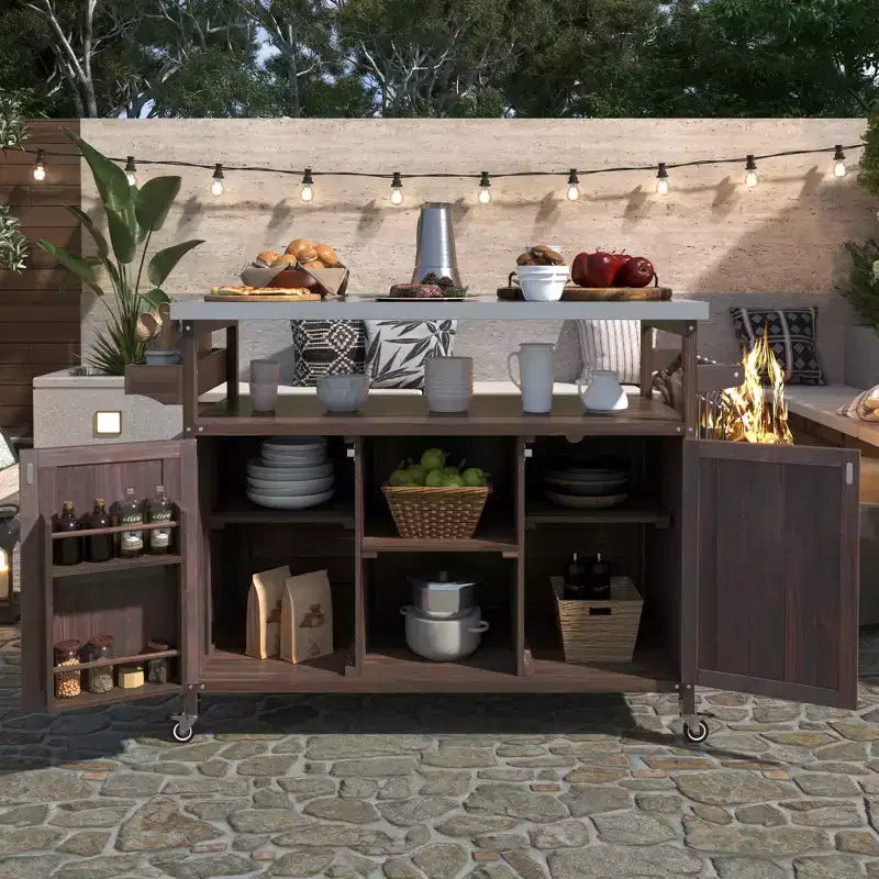 Outdoor Kitchen Island, Rolling Bar Cart & Storage Cabinet, Farmhouse Outdoor Grill Table with Stainless Steel Top, Towel Rack