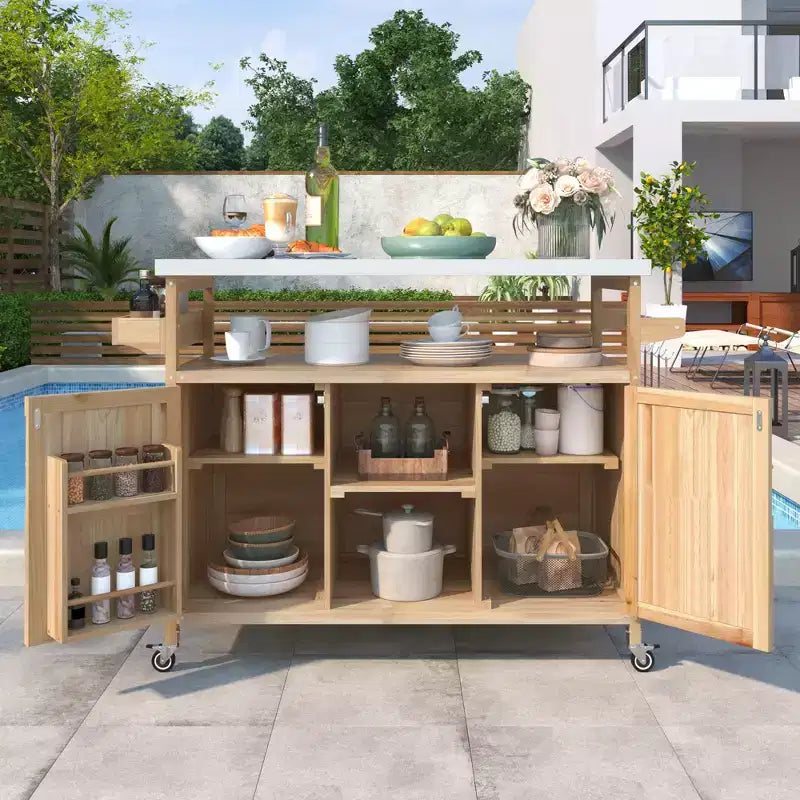 Outdoor Kitchen Island, Rolling Bar Cart & Storage Cabinet, Farmhouse Outdoor Grill Table with Stainless Steel Top, Towel Rack