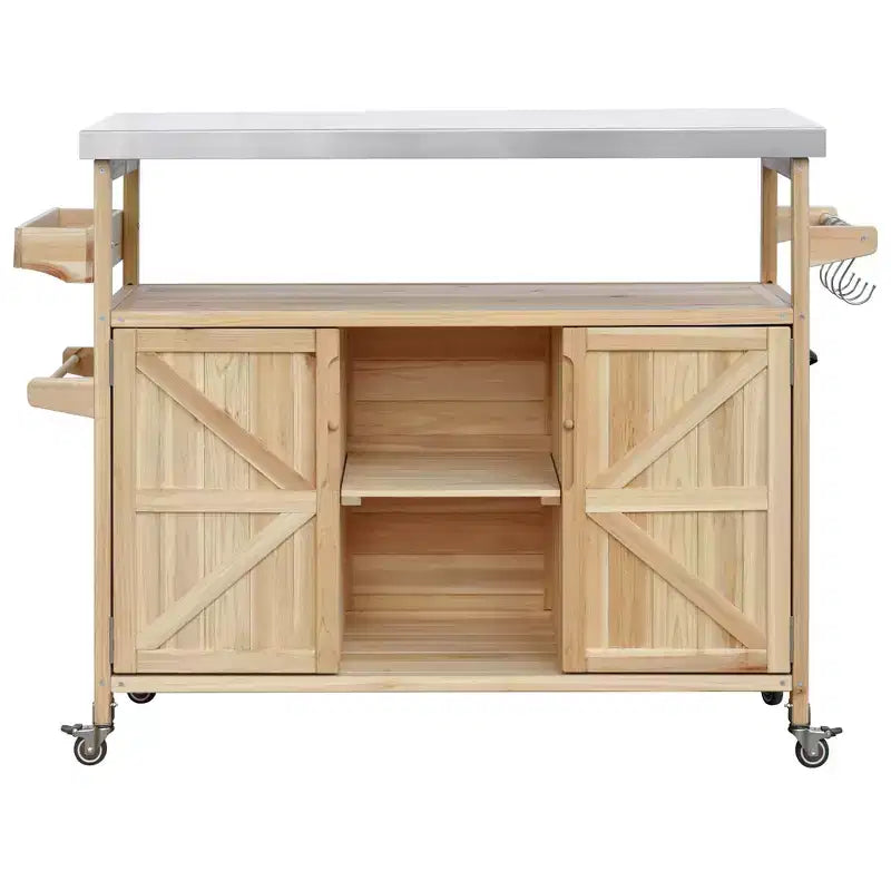 Outdoor Kitchen Island, Rolling Bar Cart & Storage Cabinet, Farmhouse Outdoor Grill Table with Stainless Steel Top, Towel Rack