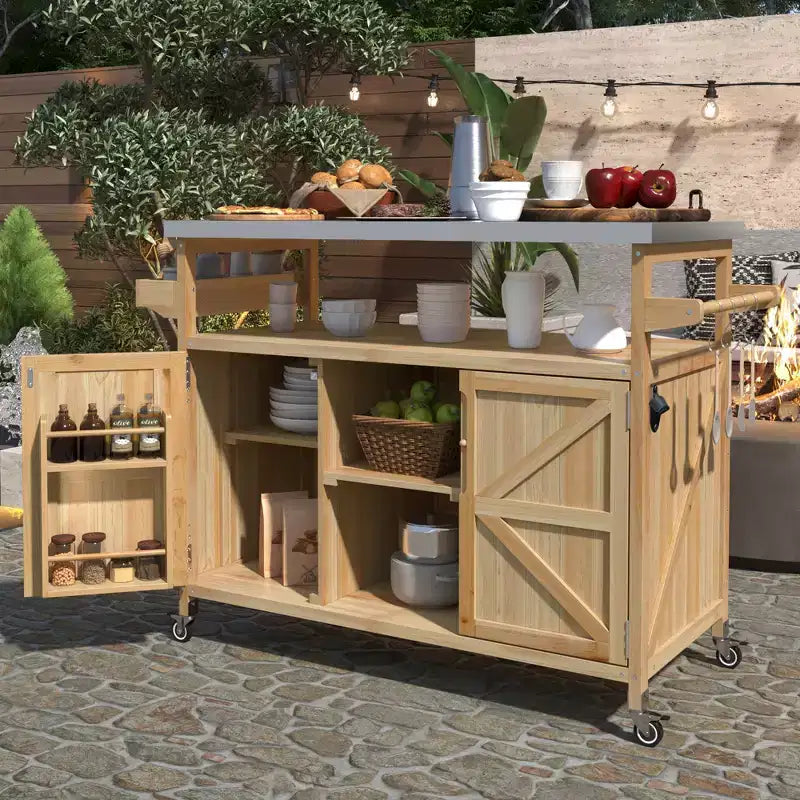 Outdoor Kitchen Island, Rolling Bar Cart & Storage Cabinet, Farmhouse Outdoor Grill Table with Stainless Steel Top, Towel Rack