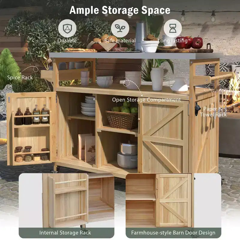 Outdoor Kitchen Island, Rolling Bar Cart & Storage Cabinet, Farmhouse Outdoor Grill Table with Stainless Steel Top, Towel Rack