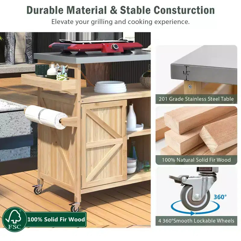Outdoor Kitchen Island, Rolling Bar Cart & Storage Cabinet, Farmhouse Outdoor Grill Table with Stainless Steel Top, Towel Rack