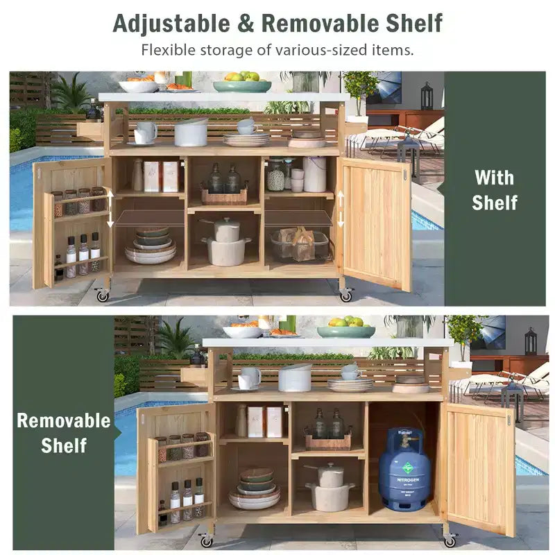 Outdoor Kitchen Island, Rolling Bar Cart & Storage Cabinet, Farmhouse Outdoor Grill Table with Stainless Steel Top, Towel Rack