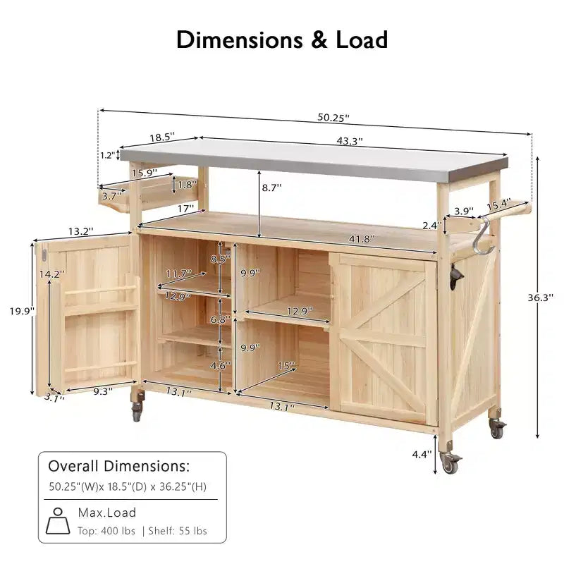 Outdoor Kitchen Island, Rolling Bar Cart & Storage Cabinet, Farmhouse Outdoor Grill Table with Stainless Steel Top, Towel Rack