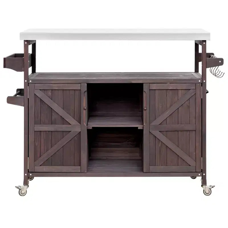 Outdoor Kitchen Island, Rolling Bar Cart & Storage Cabinet, Farmhouse Outdoor Grill Table with Stainless Steel Top, Towel Rack